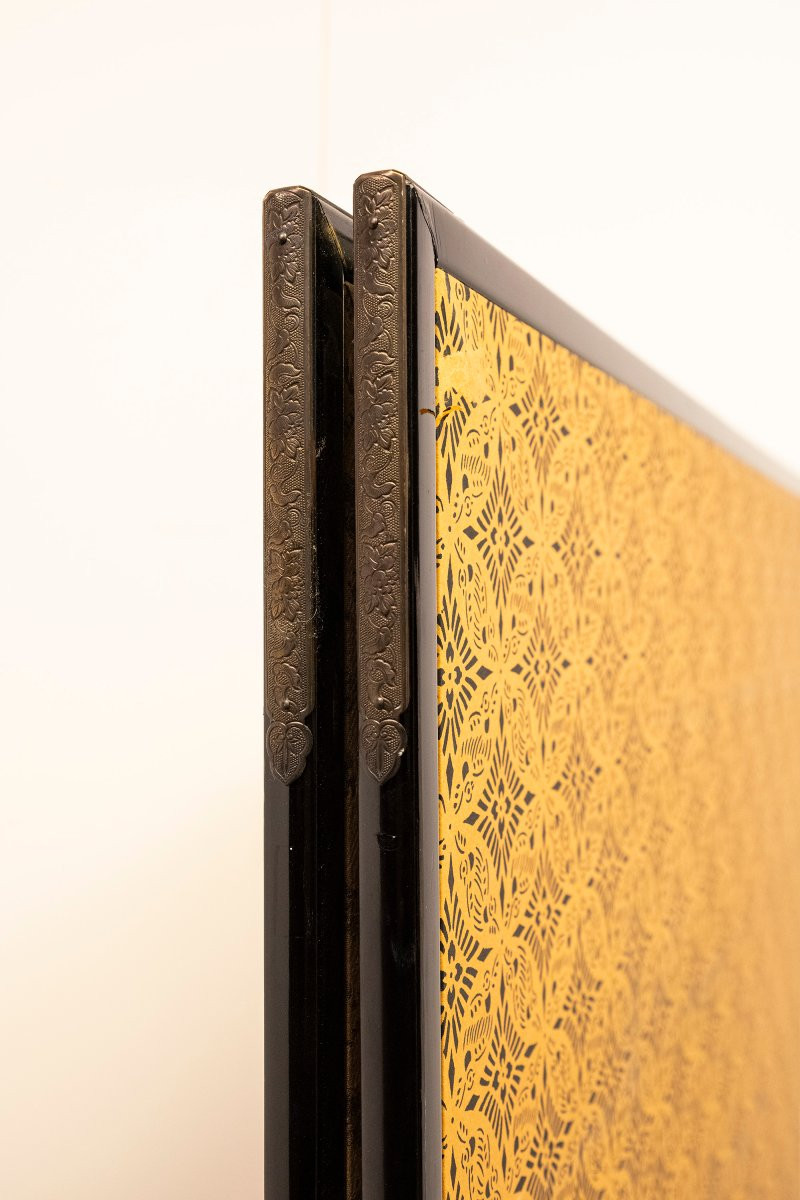 Paravento pieghevole a due pannelli con cervi su fondo dorato-photo-6