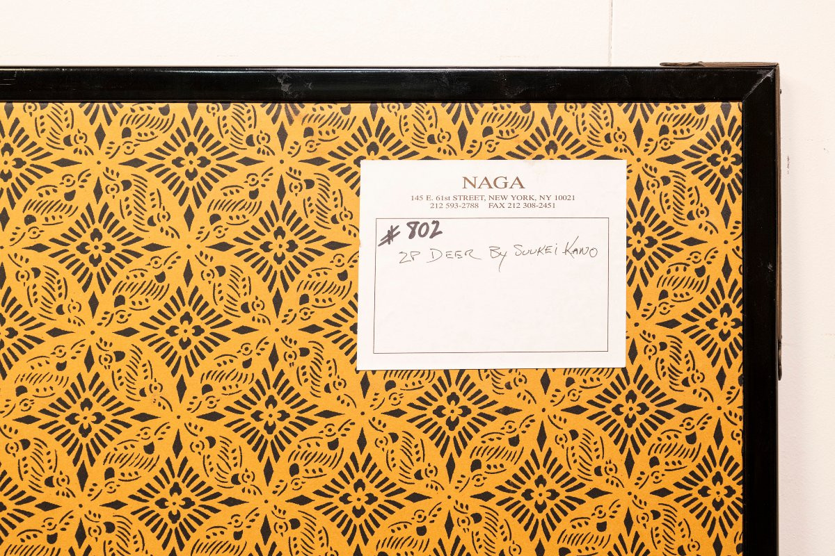 Paravento pieghevole a due pannelli con cervi su fondo dorato-photo-8