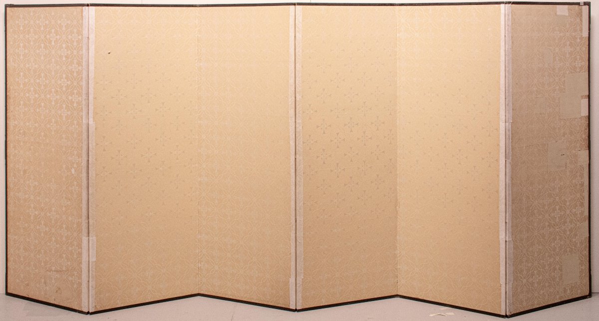 Paravento a sei pannelli su carta con polvere d’oro raffigurante un maestoso pavone-photo-8