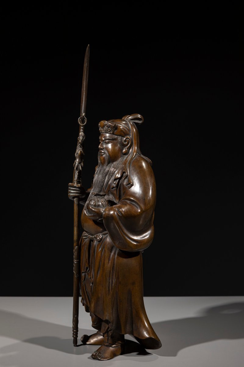 Okimono della scuola di Tokyo in bronzo raffigurante Guan Yu -photo-2