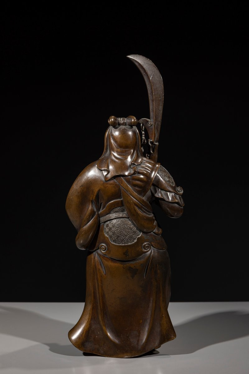 Okimono della scuola di Tokyo in bronzo raffigurante Guan Yu -photo-4