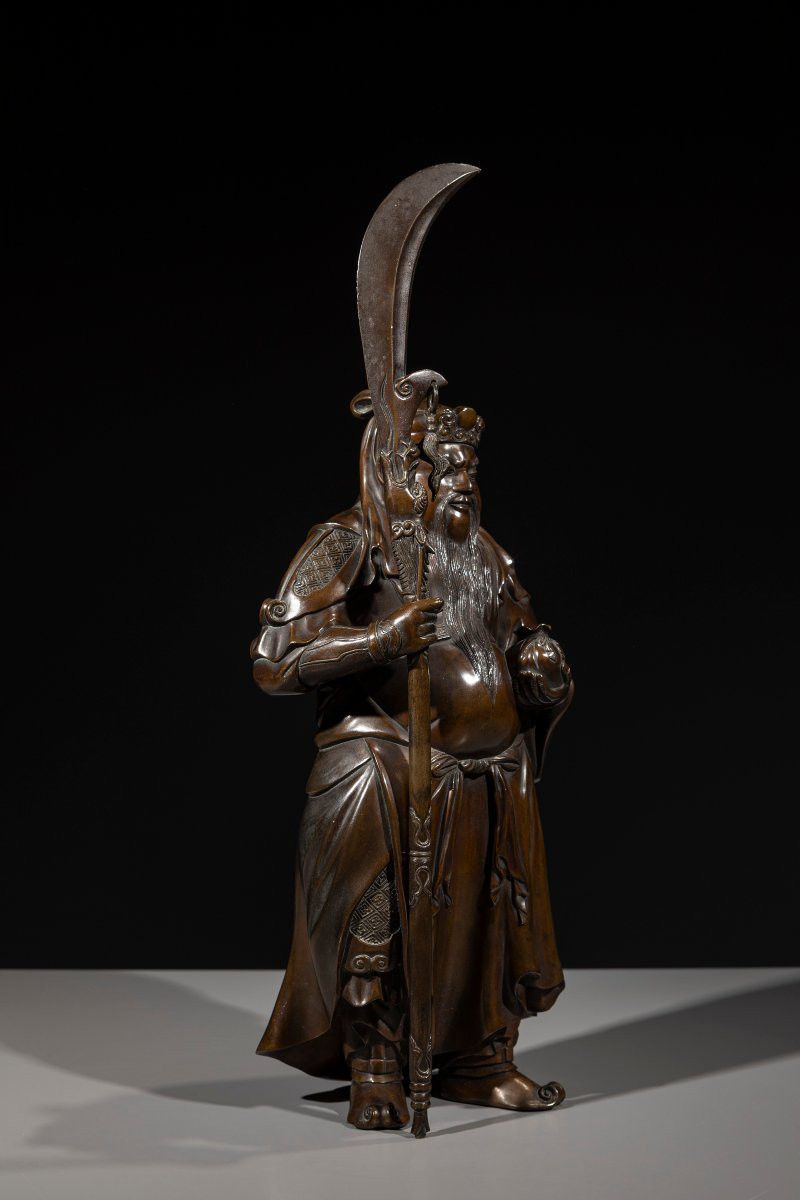 Okimono della scuola di Tokyo in bronzo raffigurante Guan Yu -photo-2