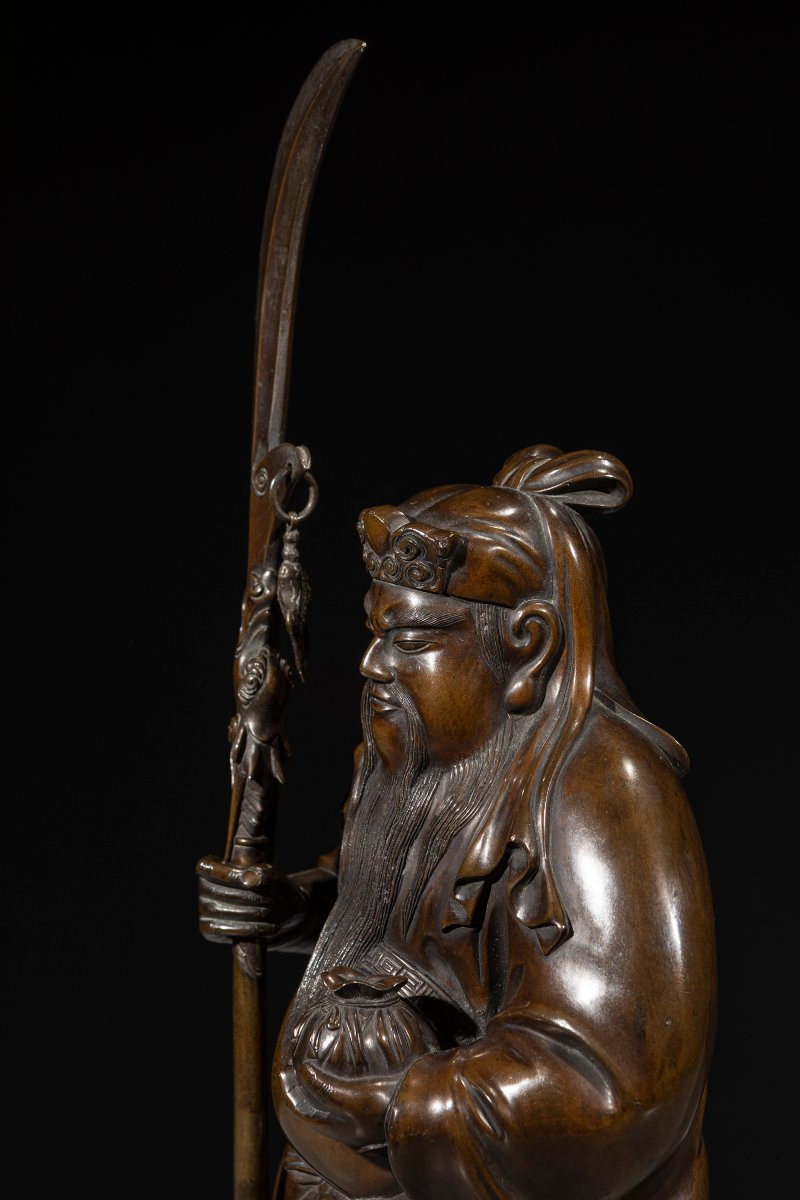Okimono della scuola di Tokyo in bronzo raffigurante Guan Yu -photo-3