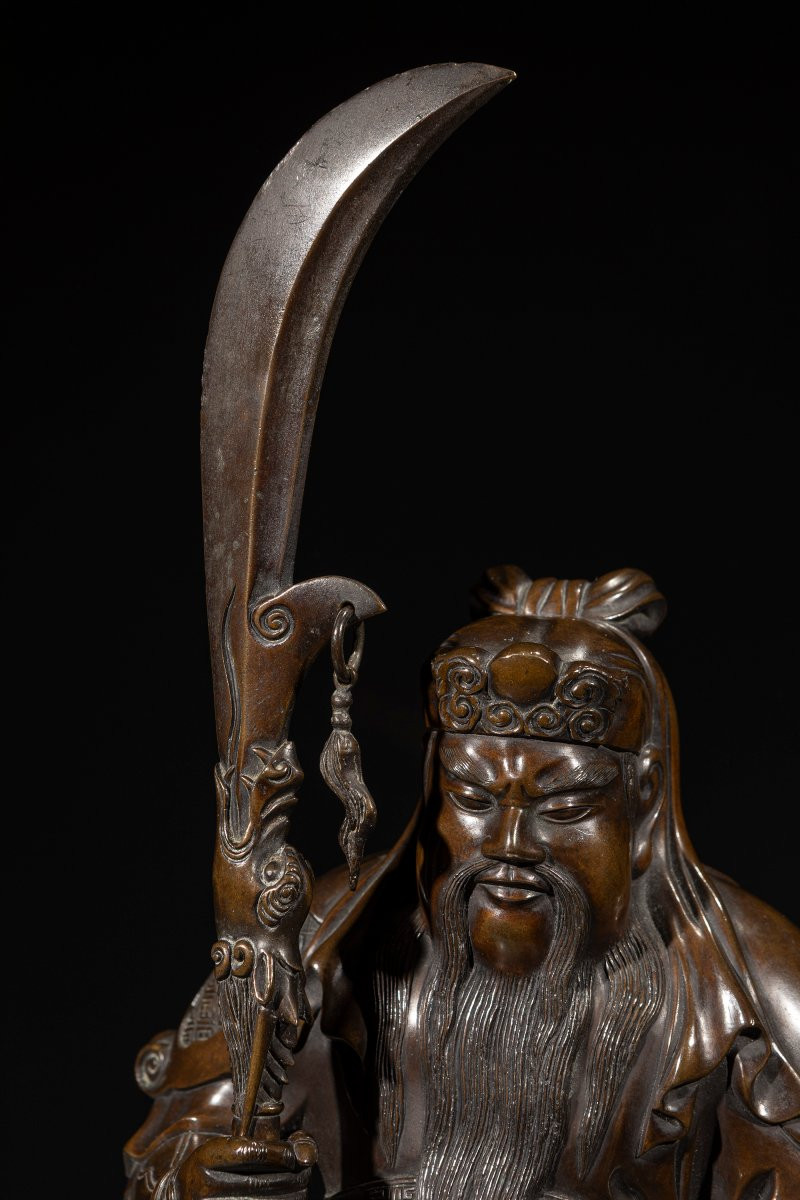 Okimono della scuola di Tokyo in bronzo raffigurante Guan Yu -photo-4