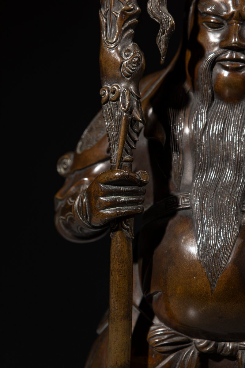 Okimono della scuola di Tokyo in bronzo raffigurante Guan Yu -photo-5