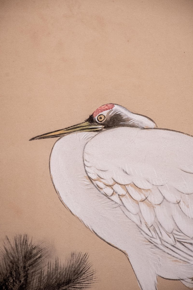 Paravento giapponese a due pannelli con gru della Manciuria e pino -photo-3