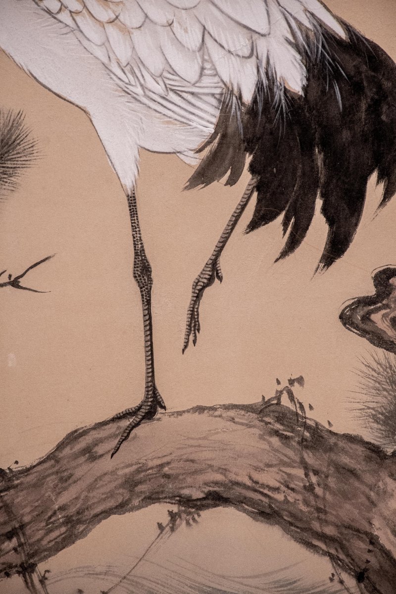 Paravento giapponese a due pannelli con gru della Manciuria e pino -photo-4