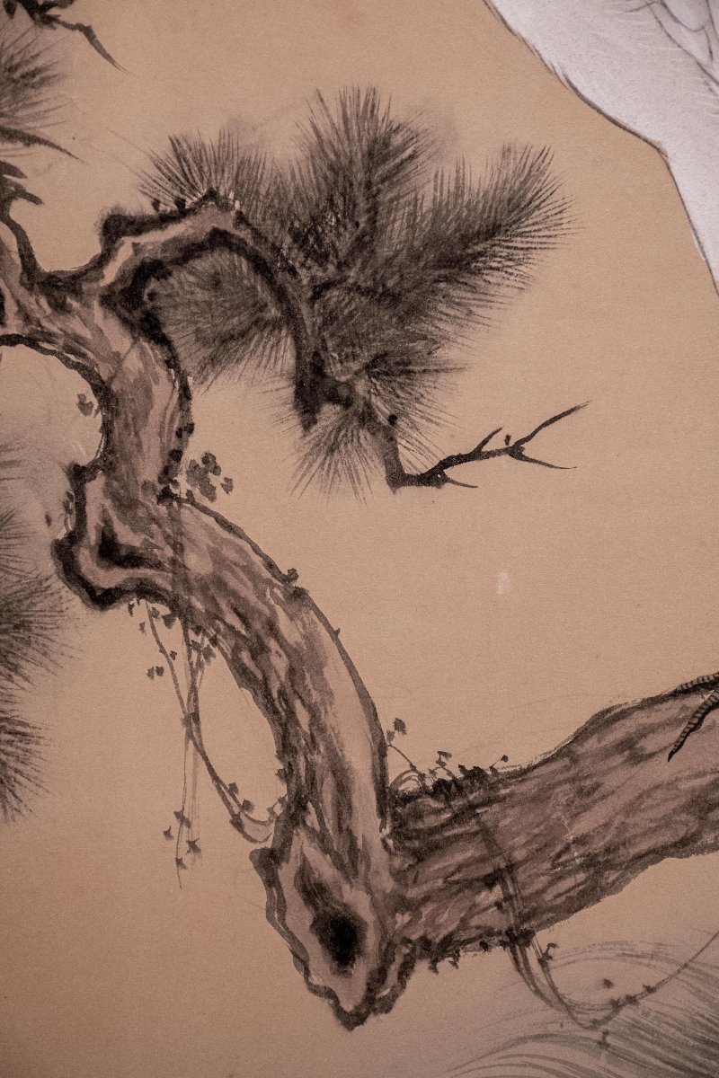 Paravento giapponese a due pannelli con gru della Manciuria e pino -photo-2