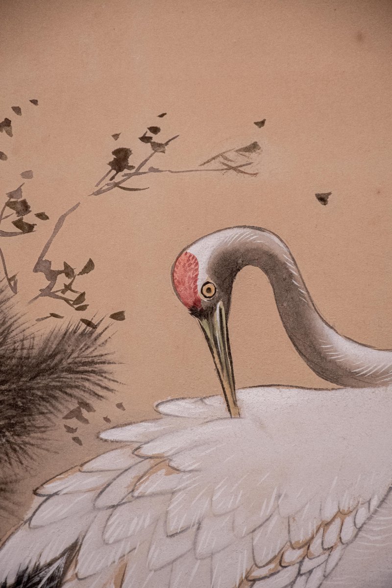 Paravento giapponese a due pannelli con gru della Manciuria e pino -photo-4