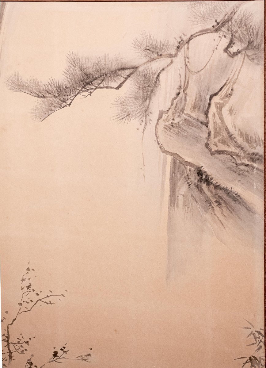 Paravento giapponese a due pannelli con gru della Manciuria e pino -photo-6