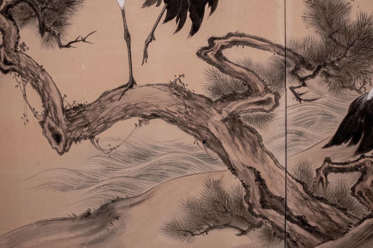 Paravento giapponese a due pannelli con gru della Manciuria e pino -photo-8