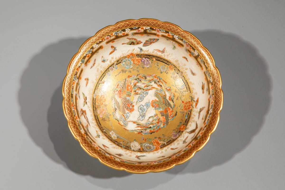 Ciotola Satsuma con fenici e ricca decorazione floreale, firmata Kaizan -photo-2