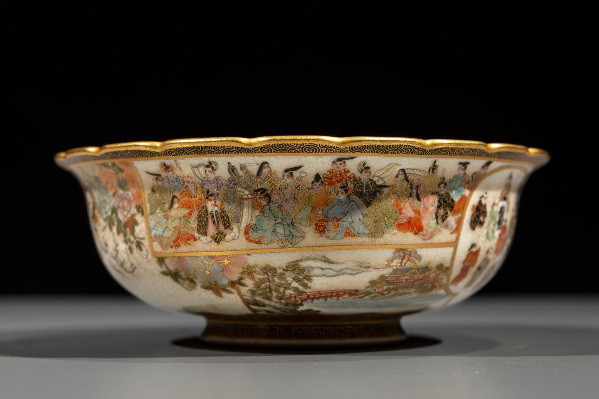 Ciotola Satsuma con fenici e ricca decorazione floreale, firmata Kaizan -photo-3