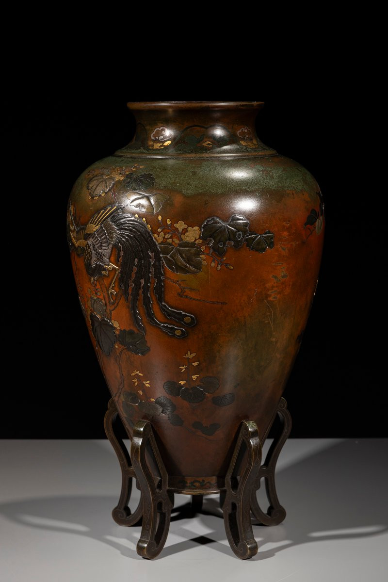 Vaso in bronzo mix metal con fenice e chidori, attribuito alla Takaoka company -photo-2