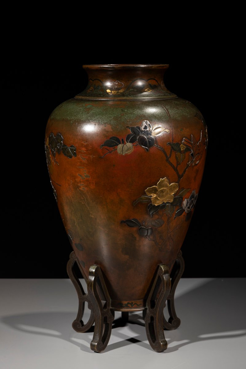 Vaso in bronzo mix metal con fenice e chidori, attribuito alla Takaoka company -photo-3