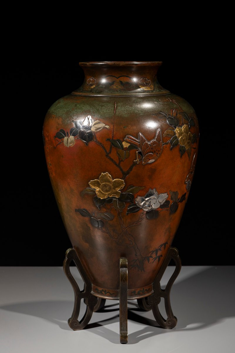 Vaso in bronzo mix metal con fenice e chidori, attribuito alla Takaoka company -photo-4