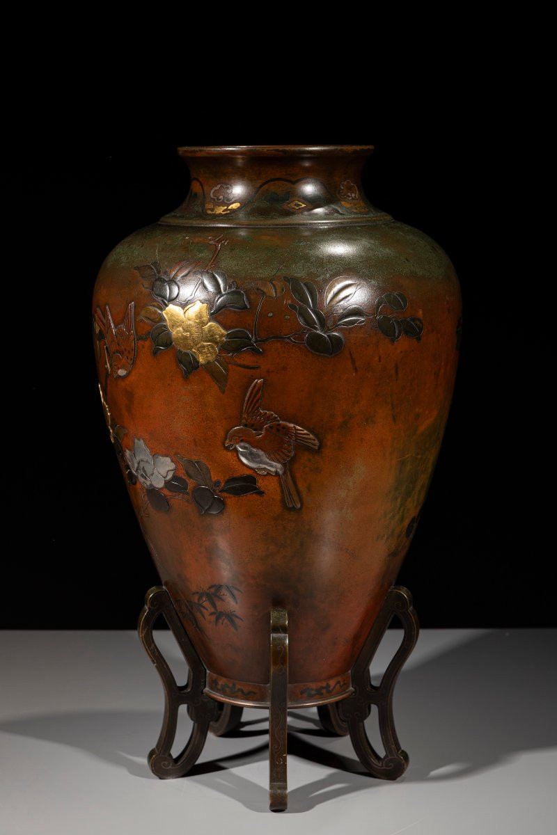 Vaso in bronzo mix metal con fenice e chidori, attribuito alla Takaoka company -photo-2