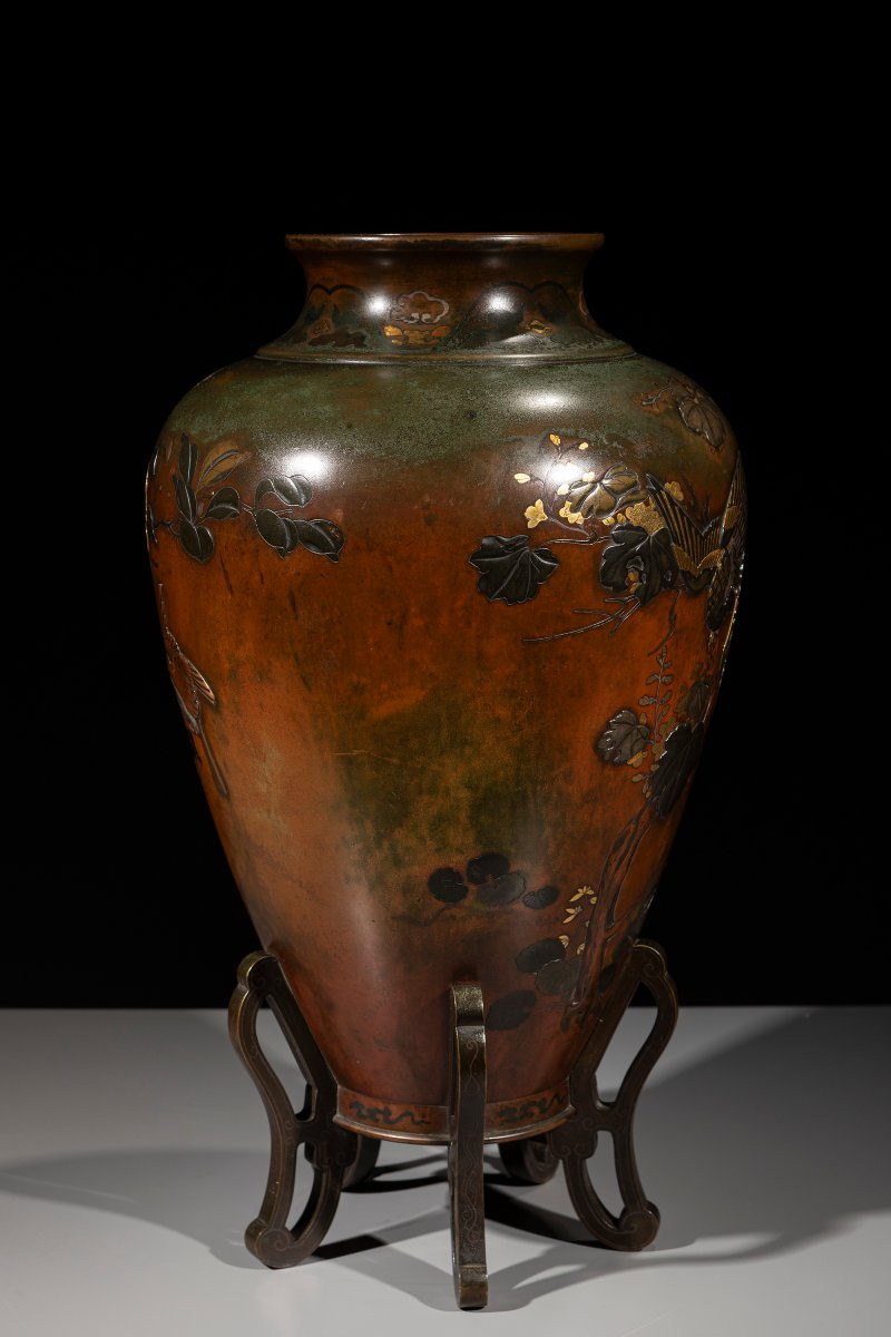 Vaso in bronzo mix metal con fenice e chidori, attribuito alla Takaoka company -photo-3