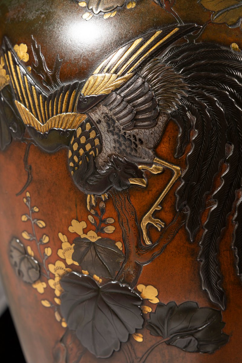 Vaso in bronzo mix metal con fenice e chidori, attribuito alla Takaoka company -photo-5