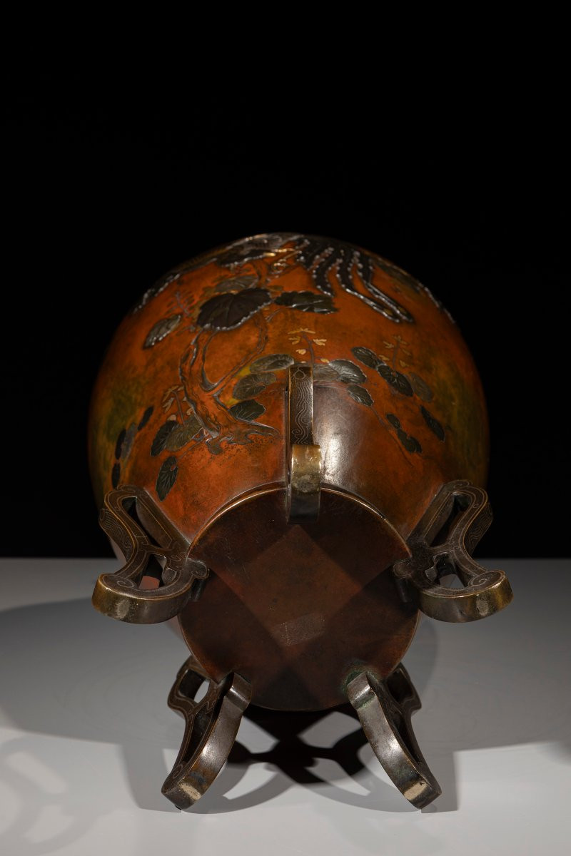 Vaso in bronzo mix metal con fenice e chidori, attribuito alla Takaoka company -photo-8