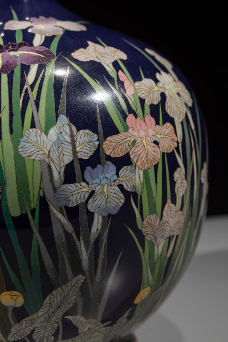 Vaso giapponese cloisonné con iris policromi su fondo blu notte -photo-3