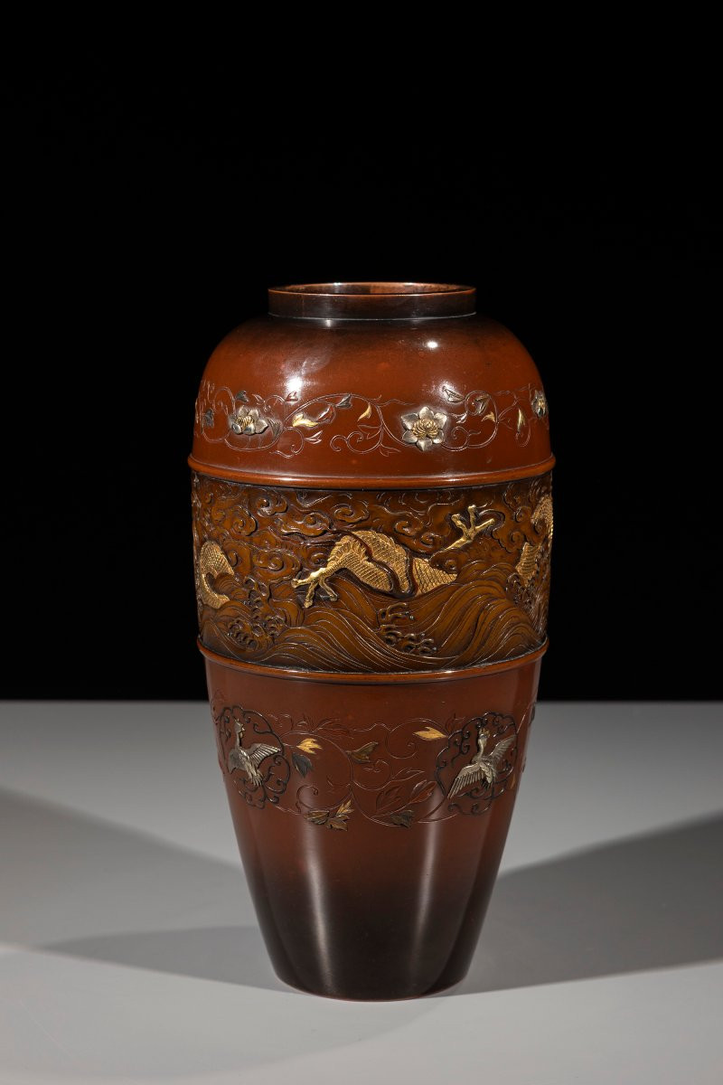 Vaso in bronzo a doppia patina con drago dorato tra nuvole e onde, marchio Nogawa-photo-3