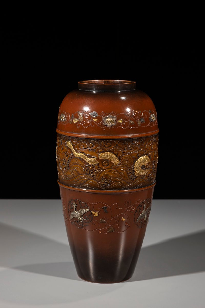 Vaso in bronzo a doppia patina con drago dorato tra nuvole e onde, marchio Nogawa-photo-4