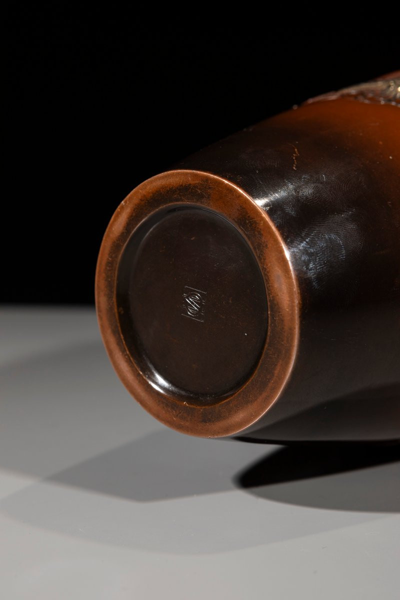 Vaso in bronzo a doppia patina con drago dorato tra nuvole e onde, marchio Nogawa-photo-4