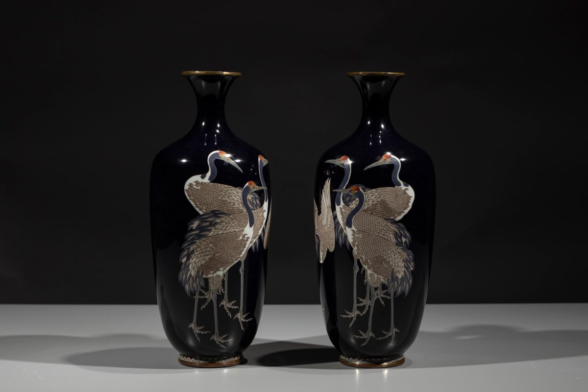Coppia di vasi cloisonné con un gruppo di gru della Manciuria -photo-3