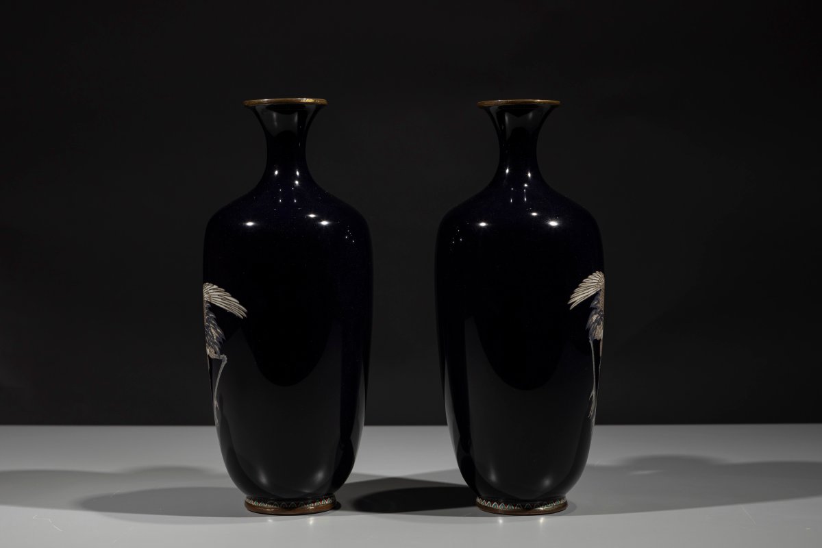 Coppia di vasi cloisonné con un gruppo di gru della Manciuria -photo-4