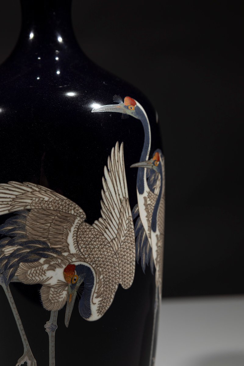 Coppia di vasi cloisonné con un gruppo di gru della Manciuria -photo-3