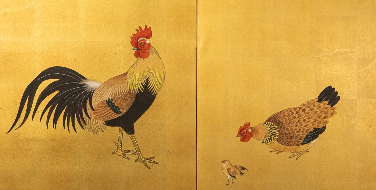 Paravento a due pannelli dipinto su seta dorata raffigurante un gallo e una gallina -photo-2