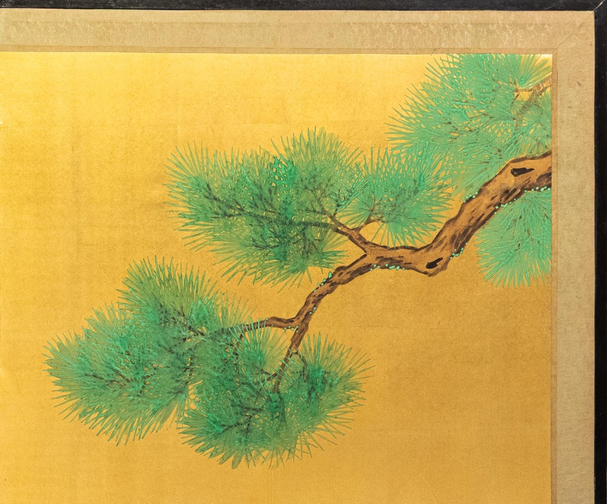 Paravento a due pannelli dipinto su seta dorata raffigurante un gallo e una gallina -photo-1