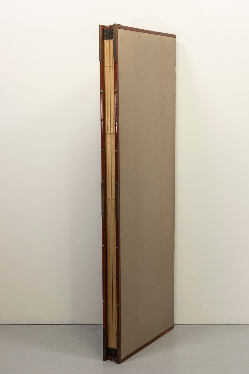 Paravento a sei pannelli con paesaggio montano a inchiostro su fondo in foglia d’argento -photo-1