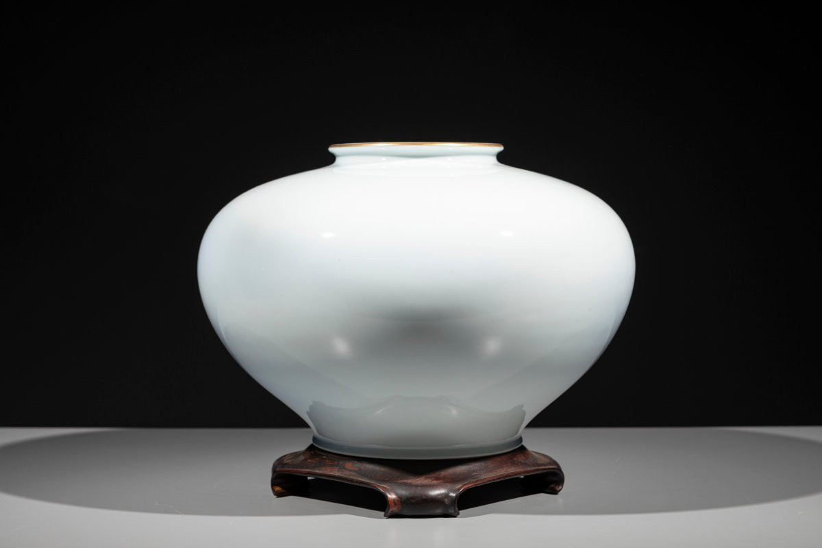 Grande vaso globulare in porcellana Fukagawa con carpe koi -photo-3