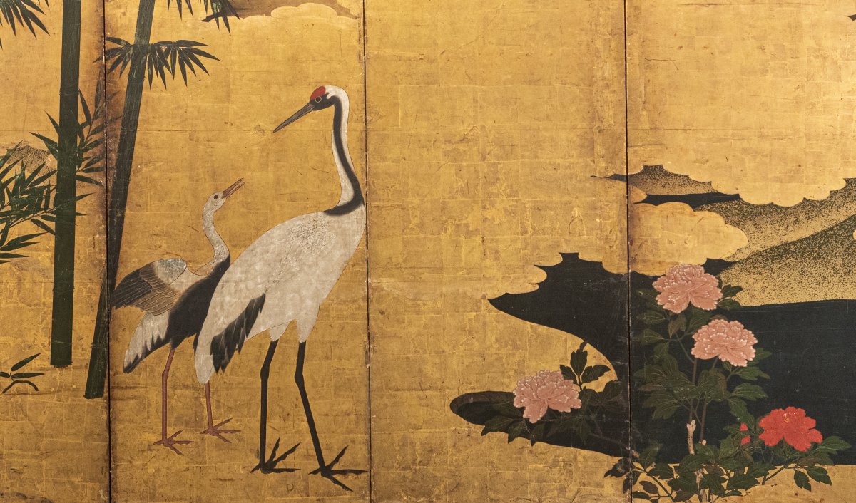 Paravento a sei pannelli in foglia oro con gru tra bambù e peonie-photo-3