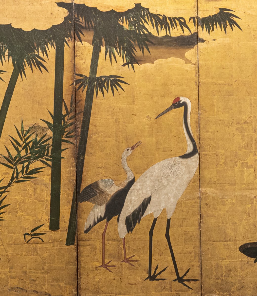 Paravento a sei pannelli in foglia oro con gru tra bambù e peonie-photo-4