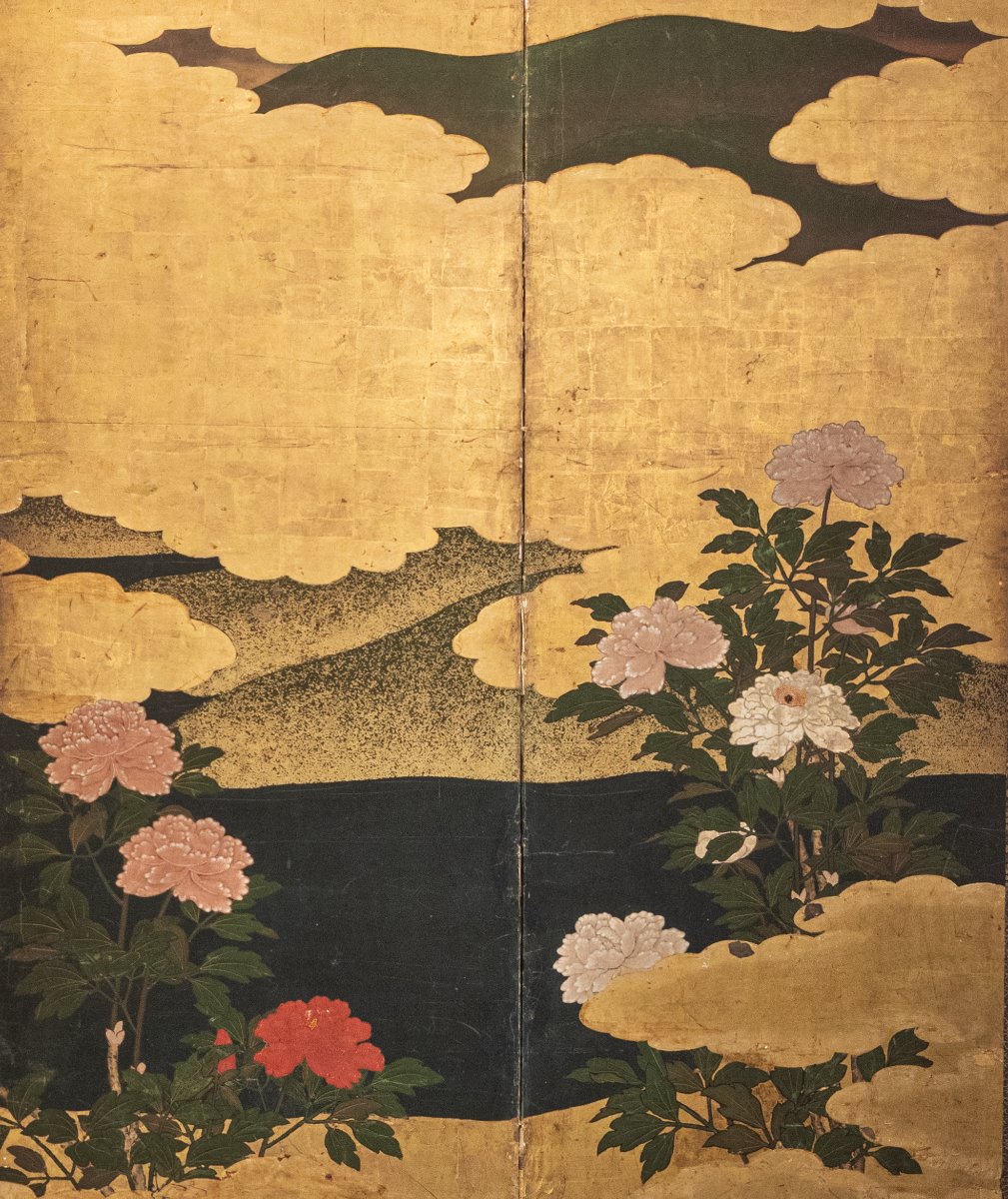 Paravento a sei pannelli in foglia oro con gru tra bambù e peonie-photo-1