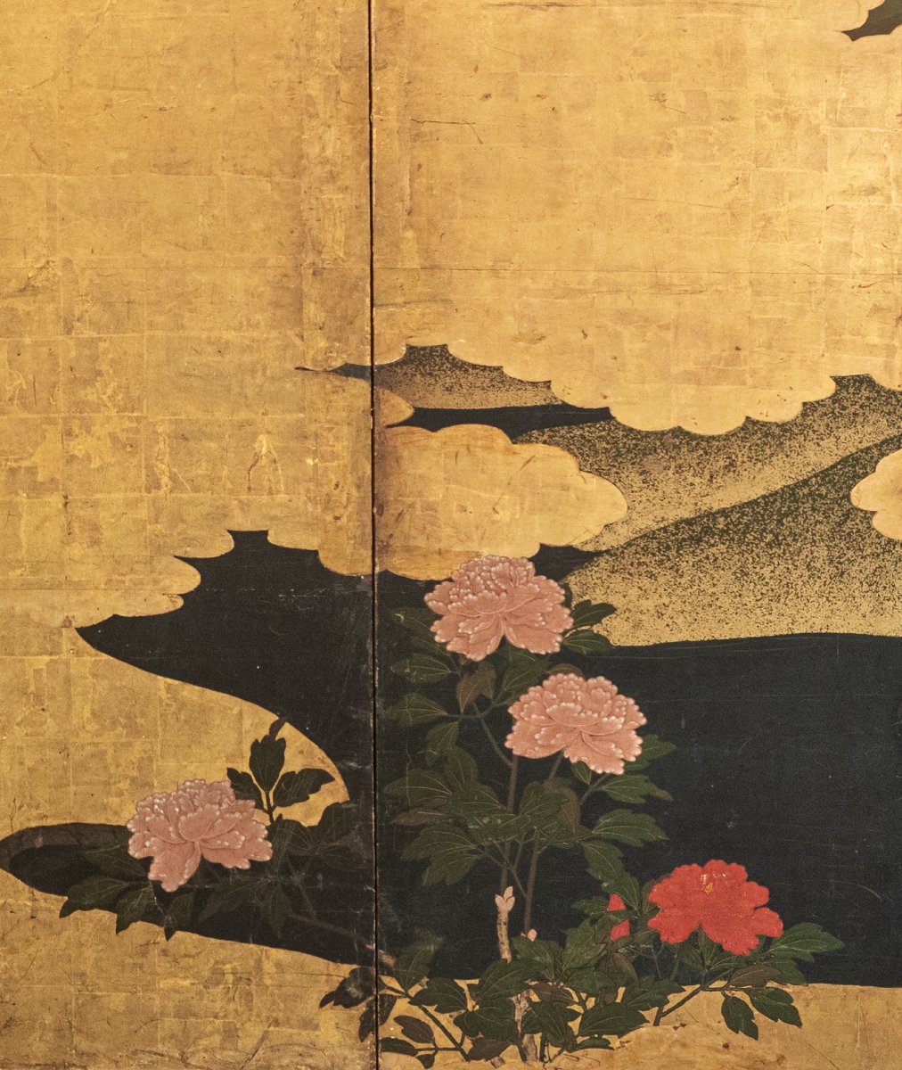 Paravento a sei pannelli in foglia oro con gru tra bambù e peonie-photo-2