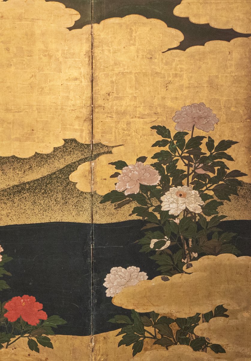 Paravento a sei pannelli in foglia oro con gru tra bambù e peonie-photo-3