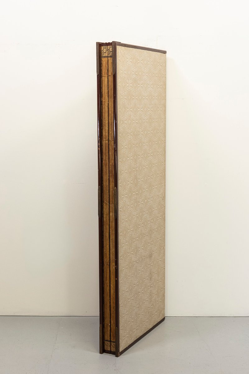 Paravento a sei pannelli in foglia oro con gru tra bambù e peonie-photo-4