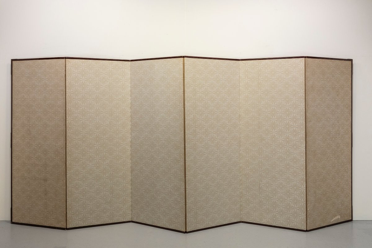 Paravento a sei pannelli in foglia oro con gru tra bambù e peonie-photo-5