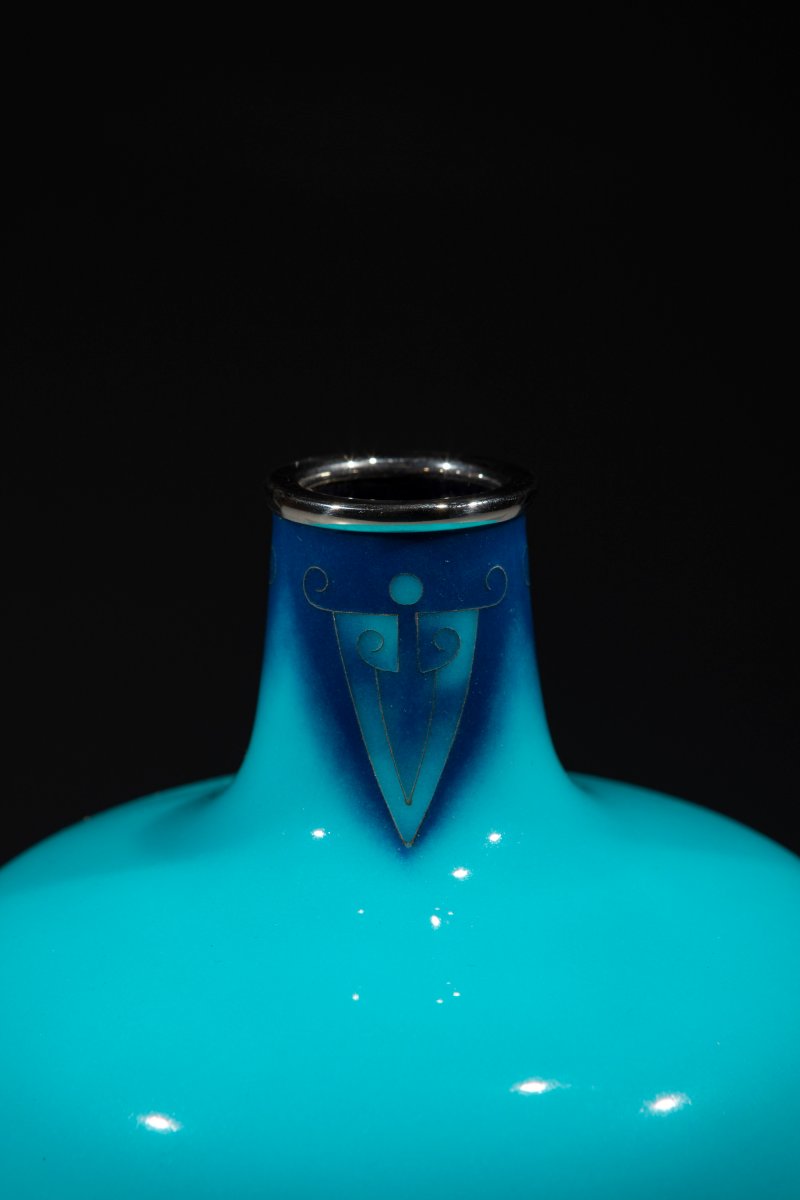 Vaso cloisonné a forma di anfora con fondo turchese, firmato Ando Company -photo-2