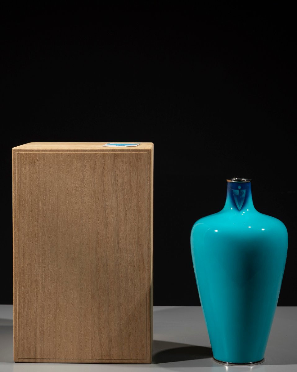 Vaso cloisonné a forma di anfora con fondo turchese, firmato Ando Company -photo-4