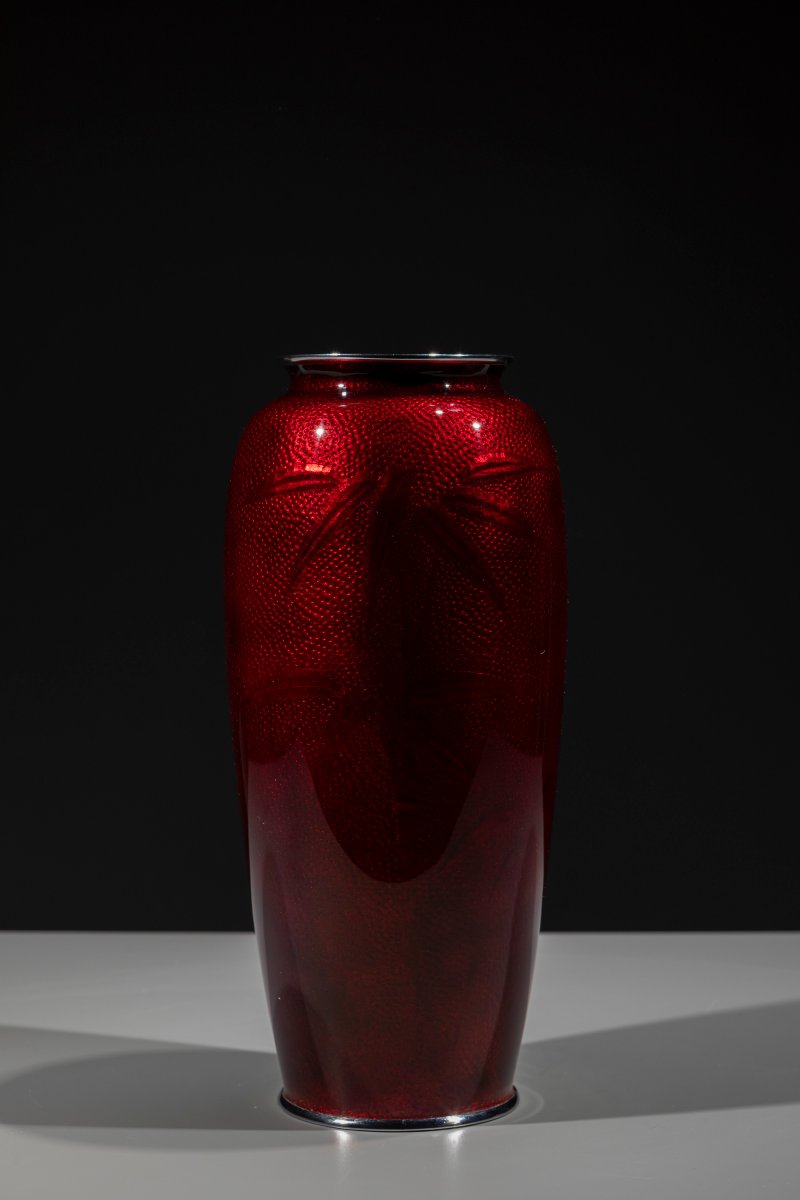 Vaso cloisonné ginbari con bambù su fondo rosso traslucido-photo-3