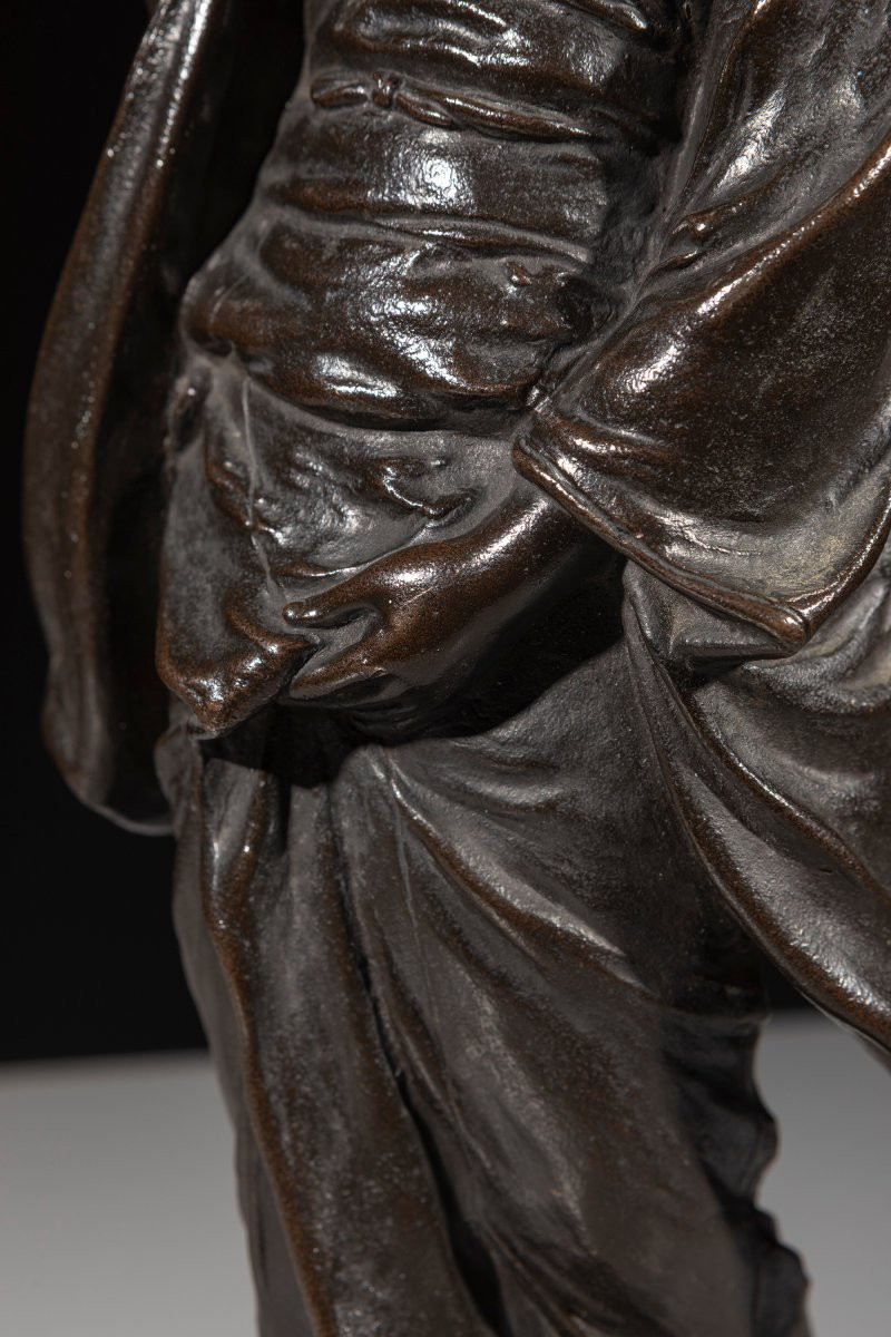 Okimono in bronzo raffigurante una geisha in cammino, firmato Seiya zo-photo-3