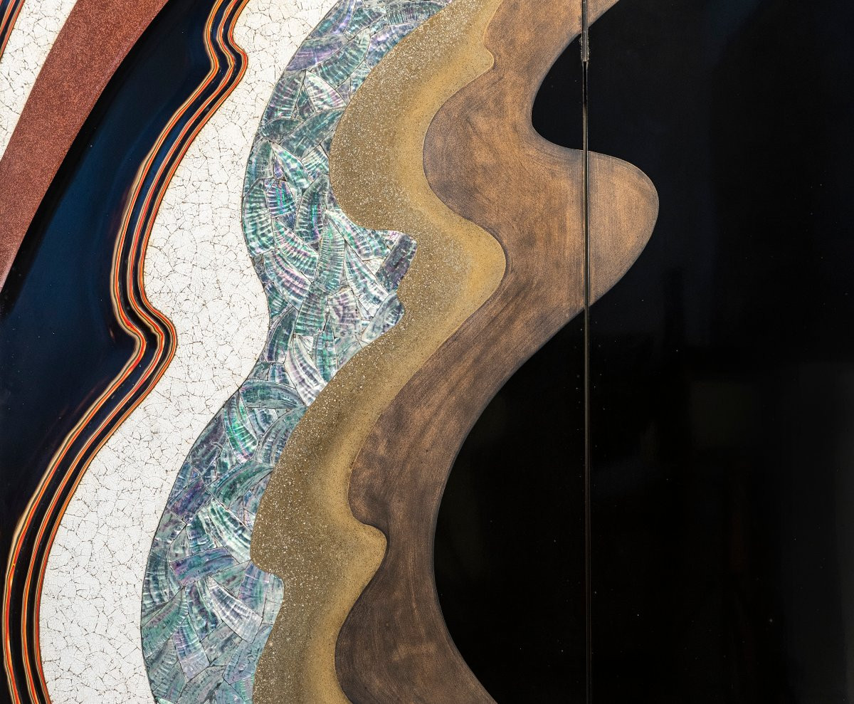 Paravento a due pannelli ‘Hohoe’ raffigurante una grande onda, firmato Gyokuhō saku -photo-2