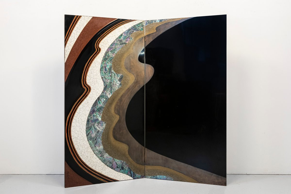 Paravento a due pannelli ‘Hohoe’ raffigurante una grande onda, firmato Gyokuhō saku -photo-3