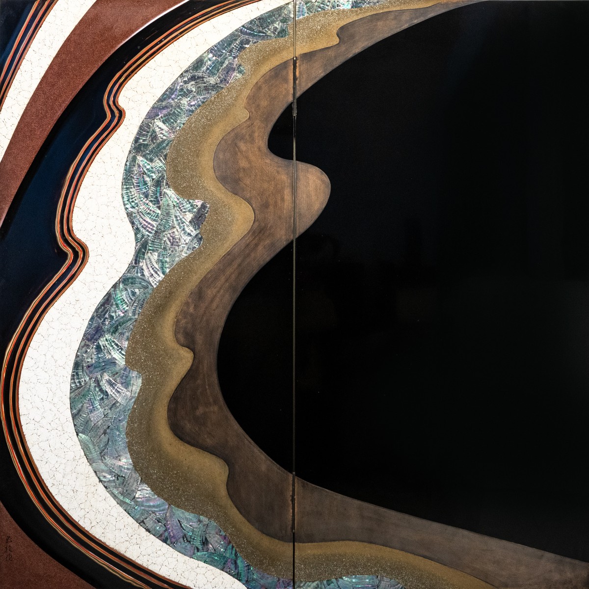 Paravento a due pannelli ‘Hohoe’ raffigurante una grande onda, firmato Gyokuhō saku 