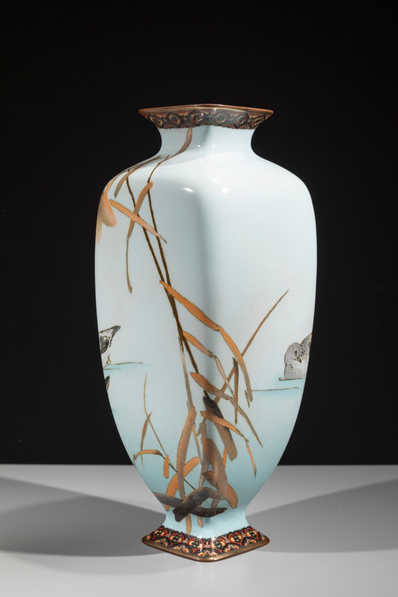 Vaso cloisonné con coppia di anatre lungo un corso d’acqua-photo-2
